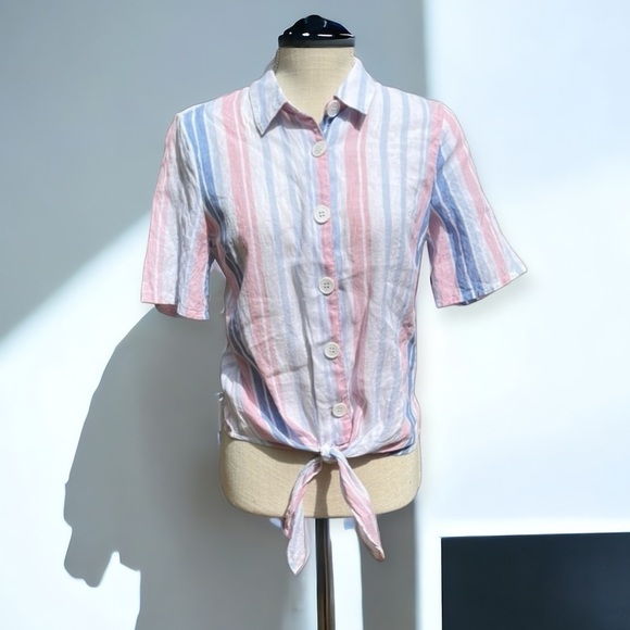 🌻Alexia Admor Blue Pink Linen Striped Button-Up Tie Short Sleeve Top Size 6 - Picture 1 of 11
